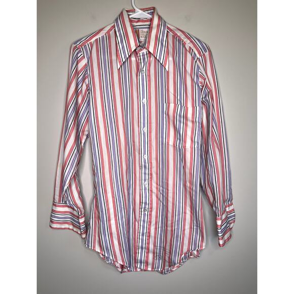 1970s Arrow Collar Man Pink Blue White Stripe Sanforized Disco Dagger Shirt L - Picture 1 of 9